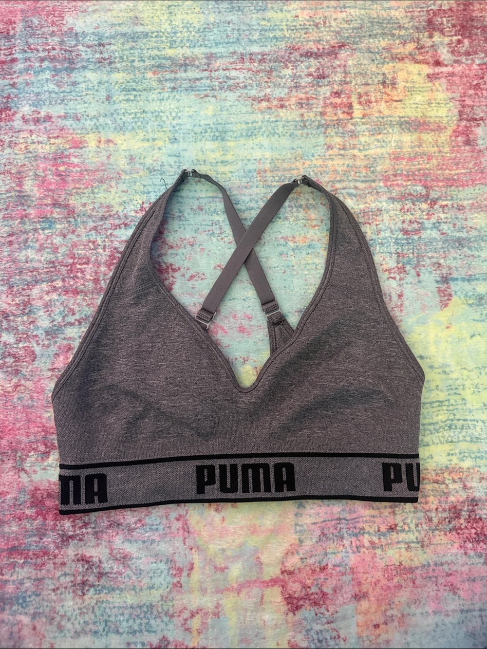 Puma Women's Charcoal Gray Seamless Cross-Back Sports Bra